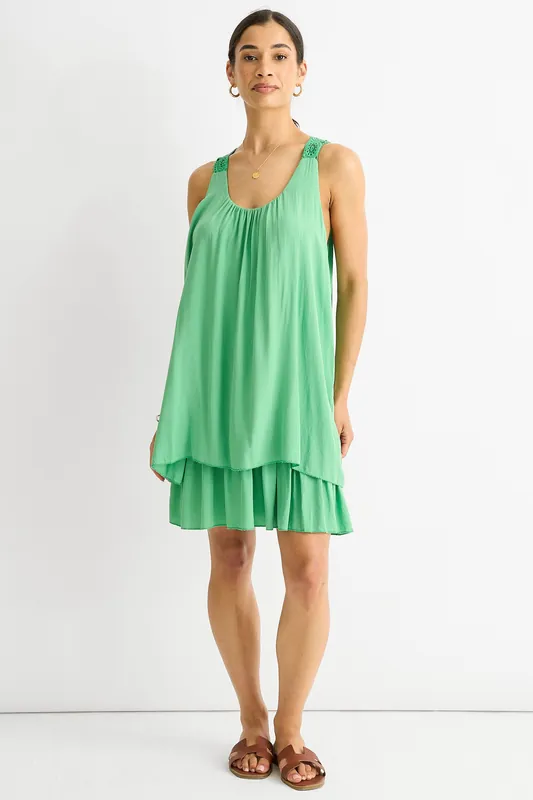 Green Crochet Panel Double Layer Cotton Mini Dress - Gini London