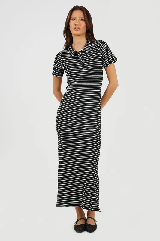 Striped Collared Maxi Dress With Split Detail - Brave Soul