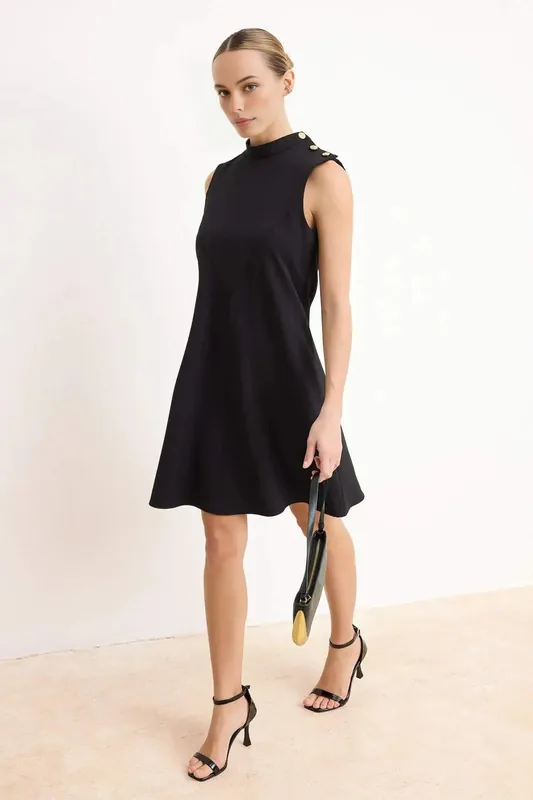 High Neck Button Detail Sleeveless Mini A-Line Dress