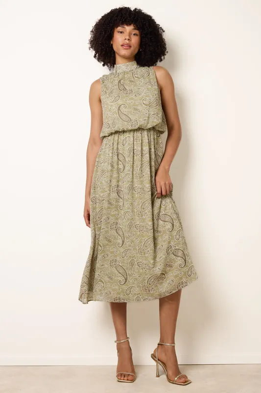 Khaki Paisley Print Rhinestone High Neck Midi Dress - Blue Vanilla