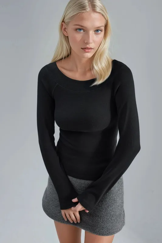 Slim Fit Ribbed Boat Neck Blouse - Busem