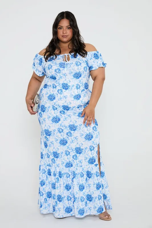 Bardot Puff Sleeve Maxi Dress in Blue Floral Print - Boho Chic Style