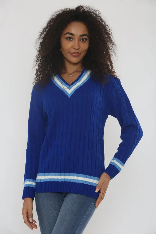 Cable Knit V Neck Jumper with Stripe - Femme Luxe