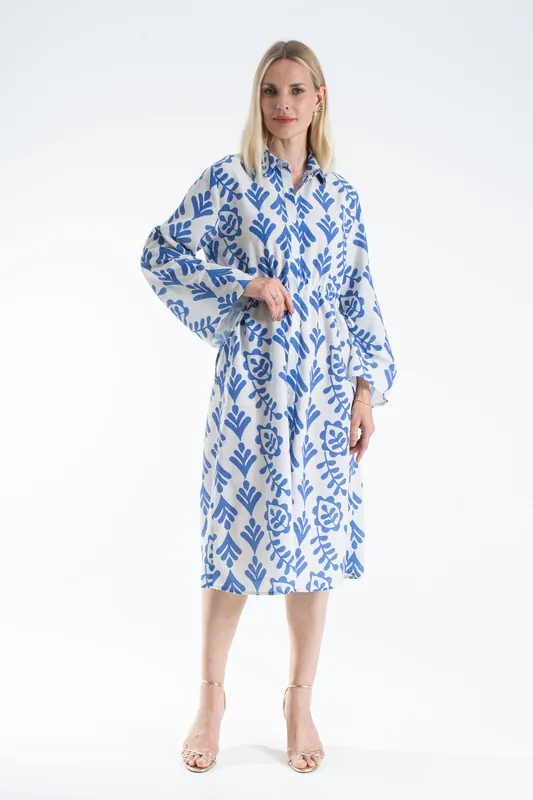 Women’s Linen Blend Leaf Print Midi Shirt Dress - Belissh