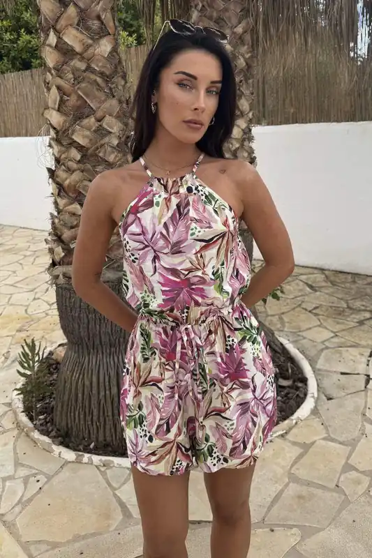 Multi Tropical Flower Print Racer Neck Drawstring Playsuit - AX Paris