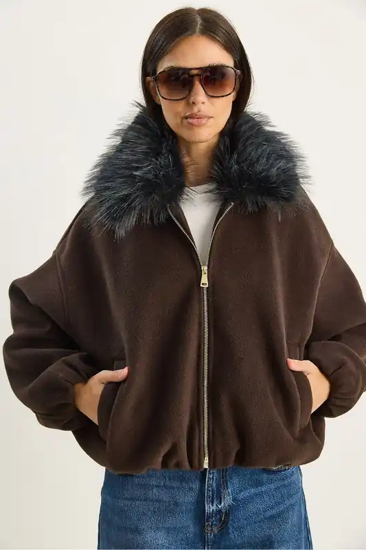 Oversized Zipper Jacket with Fur Collar - Bianco Lucci