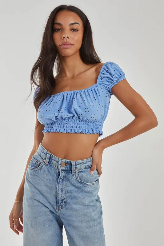 Square Neck Cropped Broderie Top - Pink Vanilla