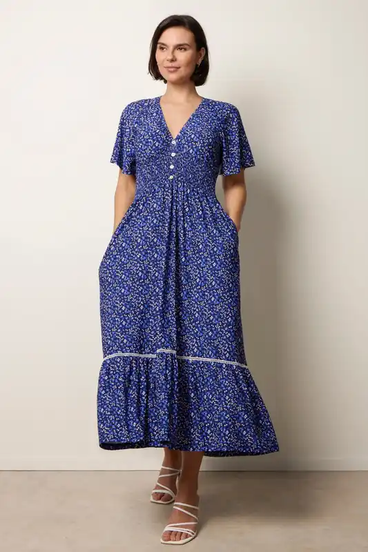 Blue Ditsy Floral Button Front Raglan Trim Dress - Blue Vanilla