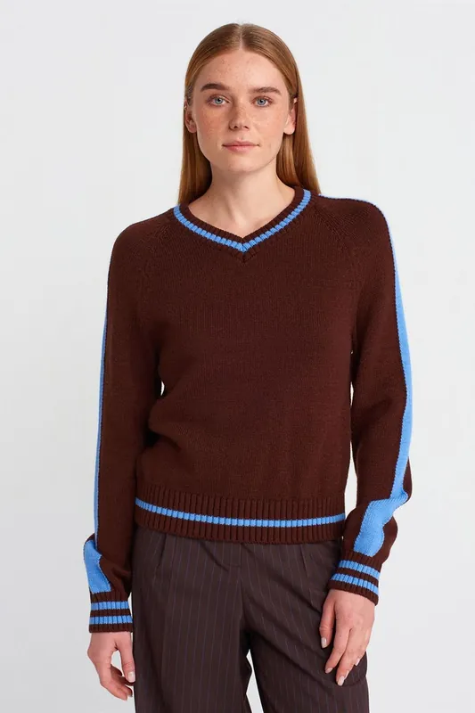 Striped V-Neck Ribbed Knit Sweater