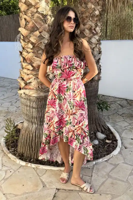 Multi Tropical Floral Print Bandeau Frill Midi Dress - AX Paris
