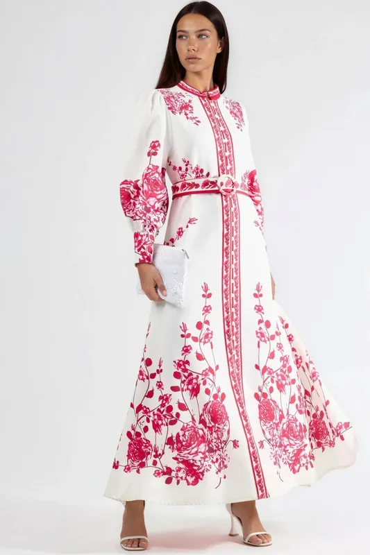 Floral Long Sleeve Belted Maxi Dress with Mandarin Collar - MSN Collection