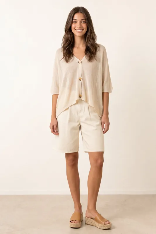 Beige Thin Knit Button Front Boxy Cardigan - Blue Vanilla