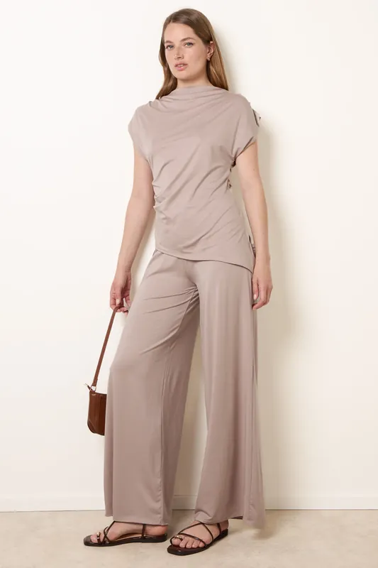 Light Brown Soft Jersey Asymmetric Hem Set - Blue Vanilla