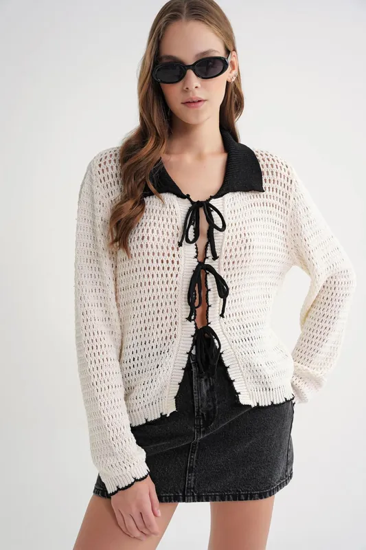 Open Knit Cardigan with Contrast Collar and Tie Front - MixRay