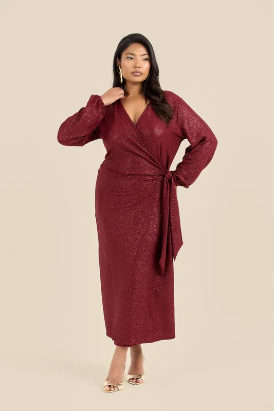 Plus Size Metallic Burgundy Wrap Front Midi Dress - FASHION-SZN