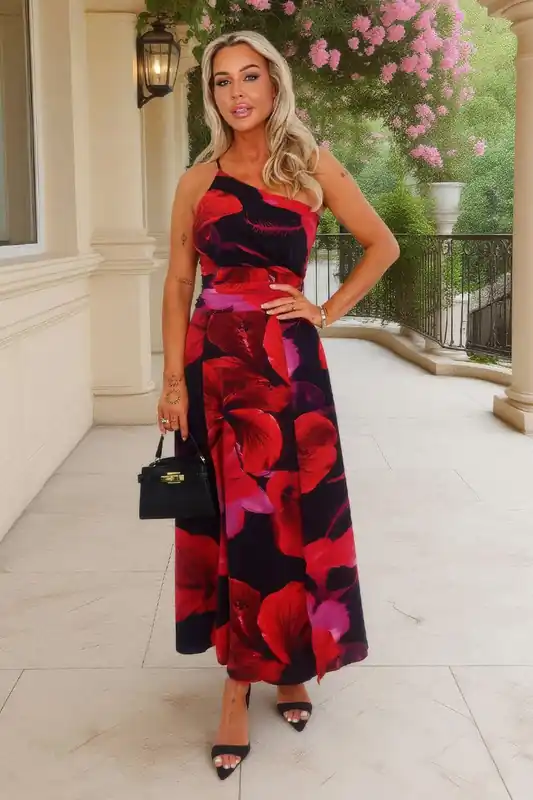Multi Floral Print One Shoulder Ruched Waist Midi Dress - AX Paris