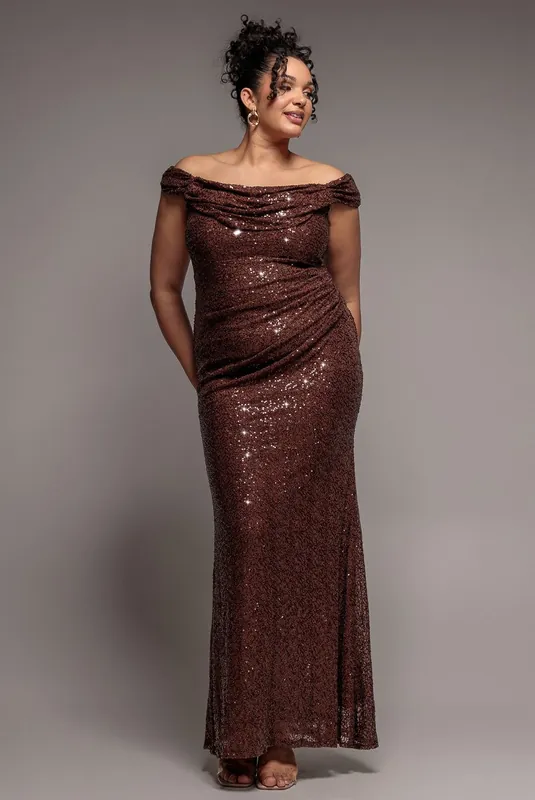 Cap Sleeve Iridescent Sequin Cowl Maxi Dress - Goddiva