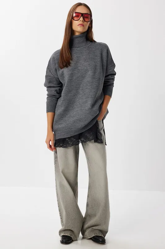 Textured Oversized Turtleneck Sweater - Happiness Istanbul