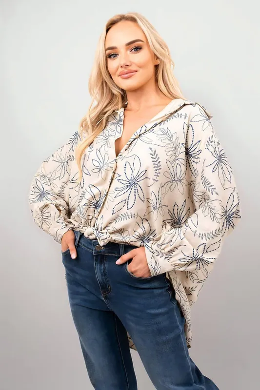 Erin Floral Print Oversized Long Sleeve Button Down Top - IKRUSH