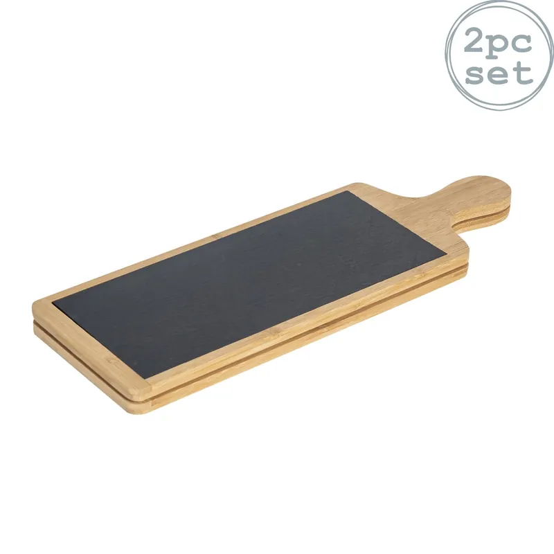 2x Bamboo Serving Paddles - 44.5 x 14.5cm - Slate Serving Platter Board