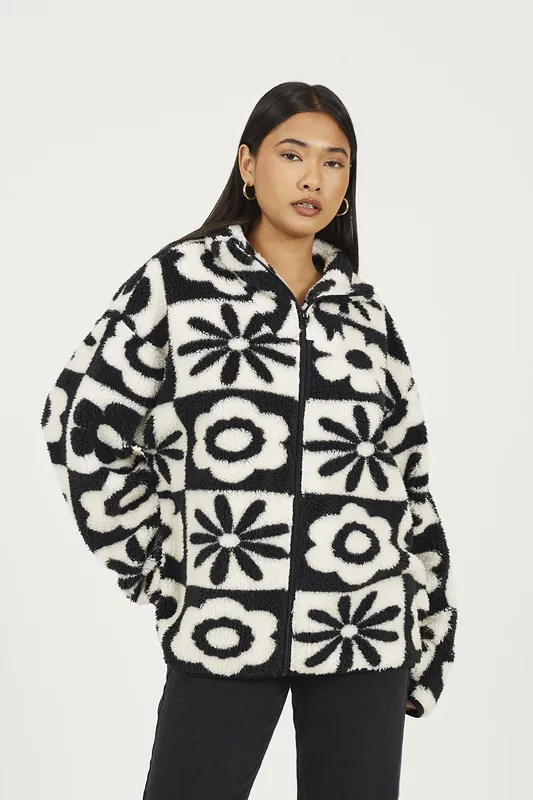 Graphic Flower Print Zip Through Sherpa Fleece - Brave Soul