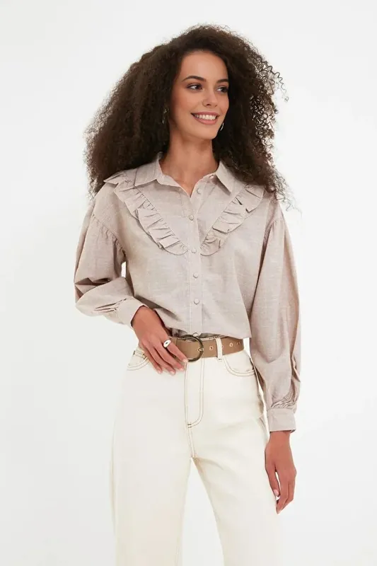Ruffle Detail Long Sleeve Woven Shirt - WOVCOR