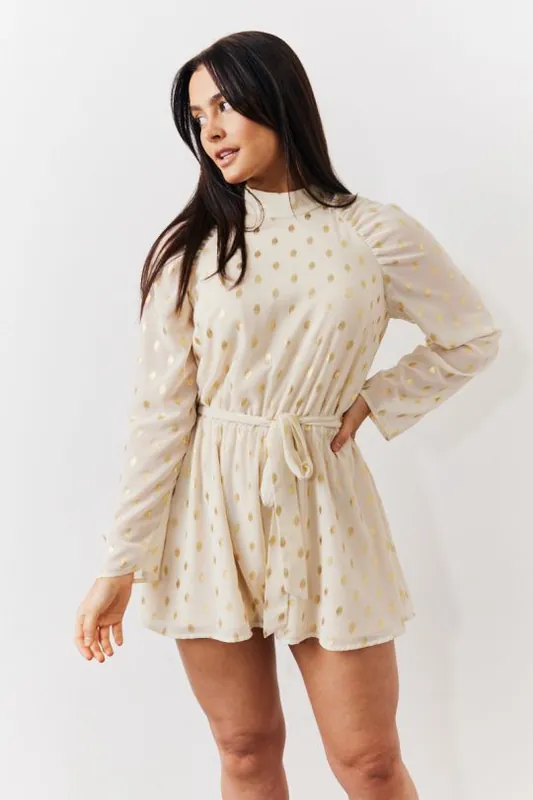 Cream Gold Fleck Belted Playsuit - In The Style