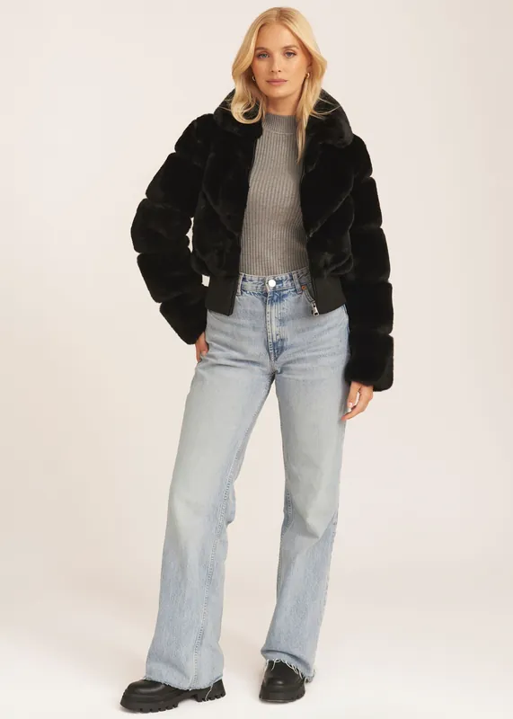 Black Faux Fur Zip Front Short Jacket - Gini London
