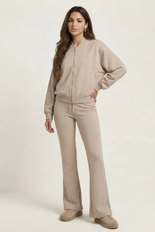 Bomber Jacket And Flare Jogger Set Oatmeal - Urban Bliss
