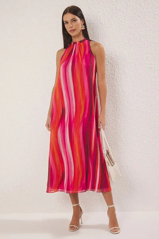 Printed High Neck Sleeveless Midi Dress - WOVCOR