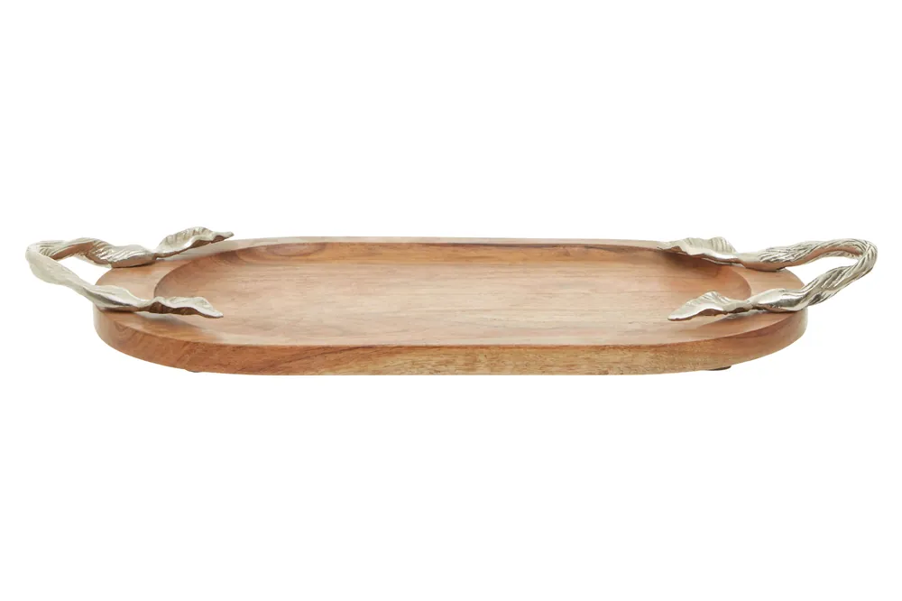 Acacia Oval Serving Tray, Wooden Food Platter, Rustic Display Board, Wooden Dish, Tray With Metal Handles - Orsina