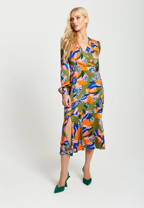 Abstract Leaf Print Midi Dress In Olive - Liquorish