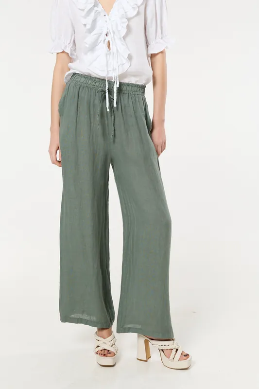 Sage Green Linen Wide Leg Trousers - Liquorish