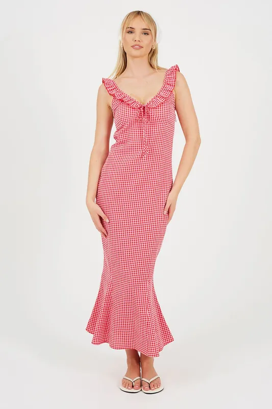Gingham Sleeveless Ruffle Neck Maxi Dress - Brave Soul