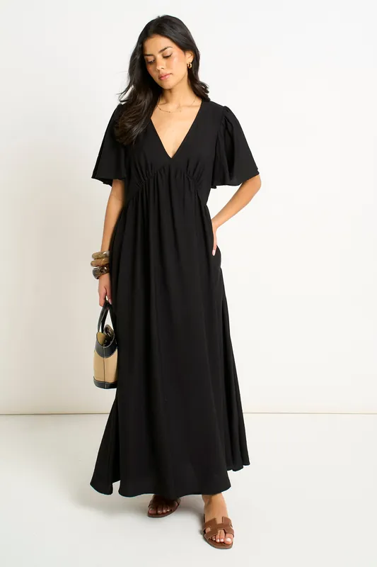 Black V Neck Angle Sleeves Skater Maxi Dress - Gini London