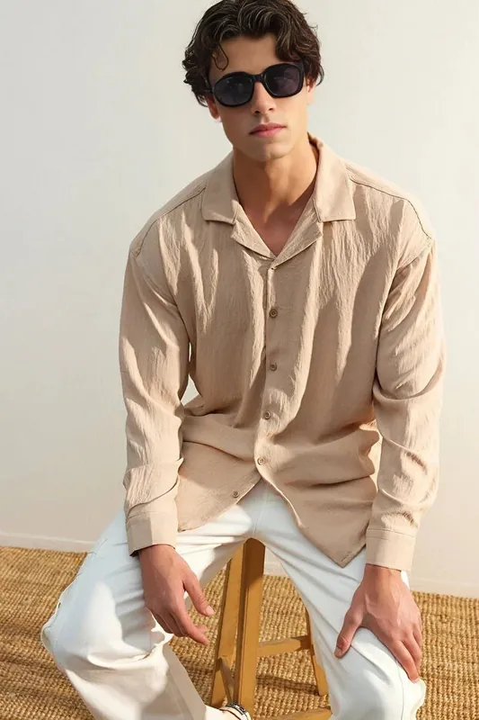 Relaxed Fit Textured Button-Up Shirt with Open Collar