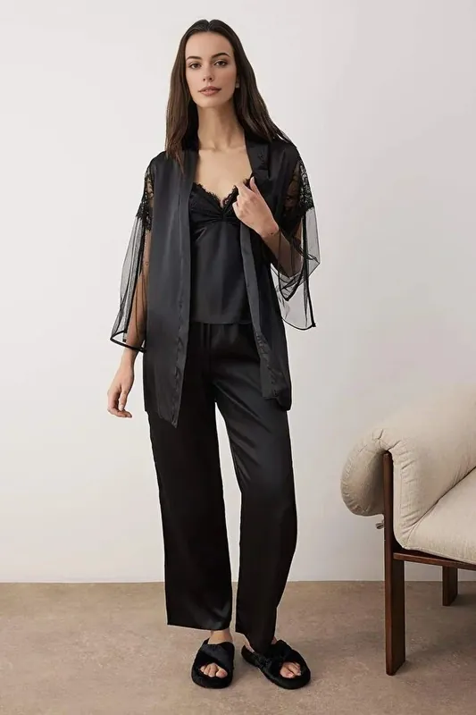 Lace Trim Sheer Sleeve Satin Cami Robe 3-Piece Pyjama Set