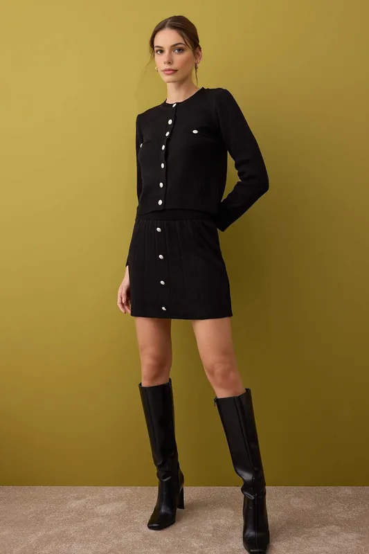 2-Piece Cropped Knit Button-Front Cardigan and Mini Skirt Set