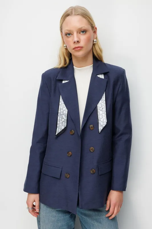 Linen Blazer Jacket with Scarf Detail - MixRay
