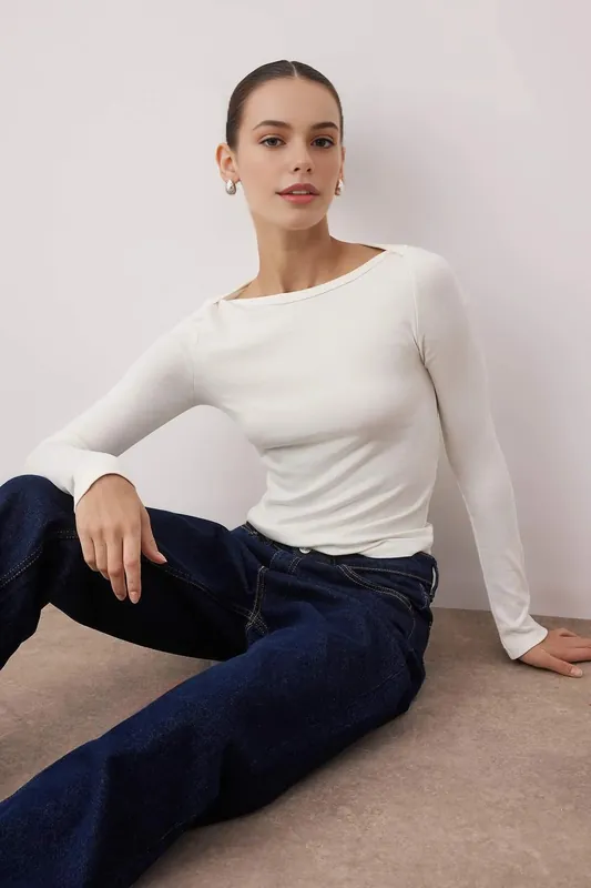 Boat Neck Stretch Knit Long Sleeve Blouse - WOVCOR