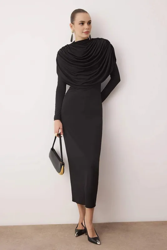 Draped Cowl Shoulder Long Sleeve Knit Column Maxi Dress - WOVCOR