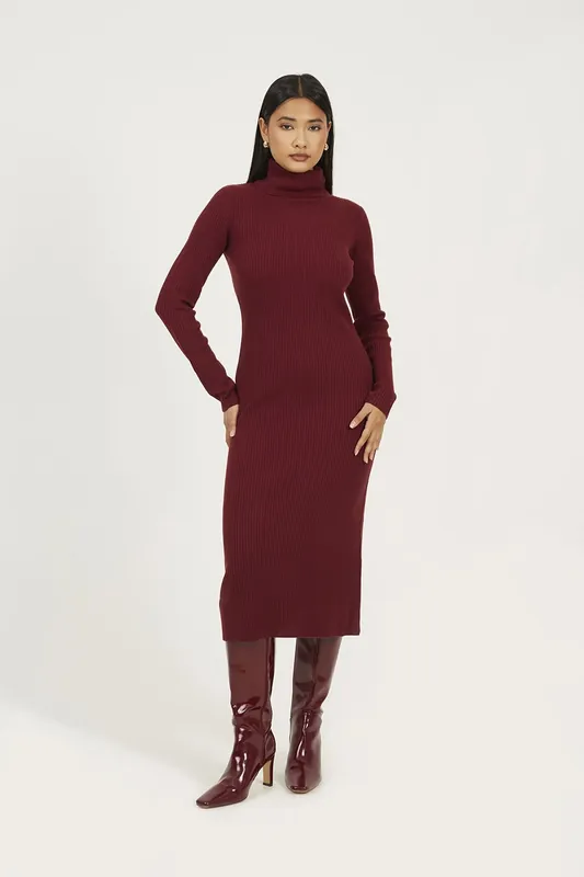 Roll Neck Ribbed Knit Midi Dress - Brave Soul