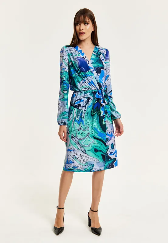 Turquoise Marble Print Midi Wrap Dress - Liquorish