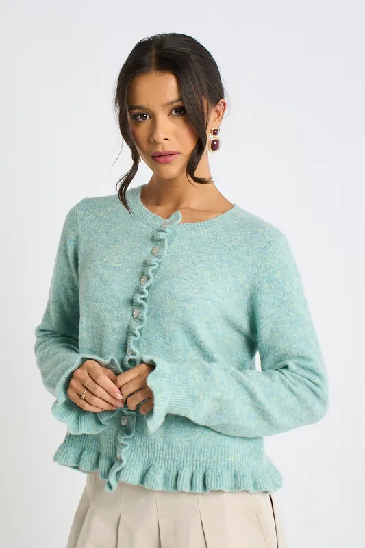 Green Long Sleeve Ruffle Front Cardigan - Gini London