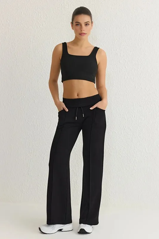 Seam Detail Drawstring Wide Leg Knit Sports Joggers - WOVCOR