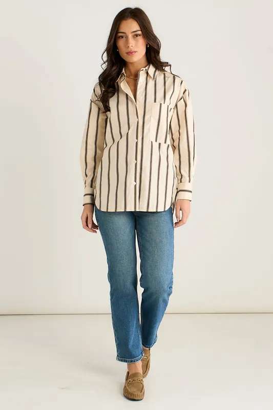 Cream Stripe Cotton Button Through Shirt - Gini London