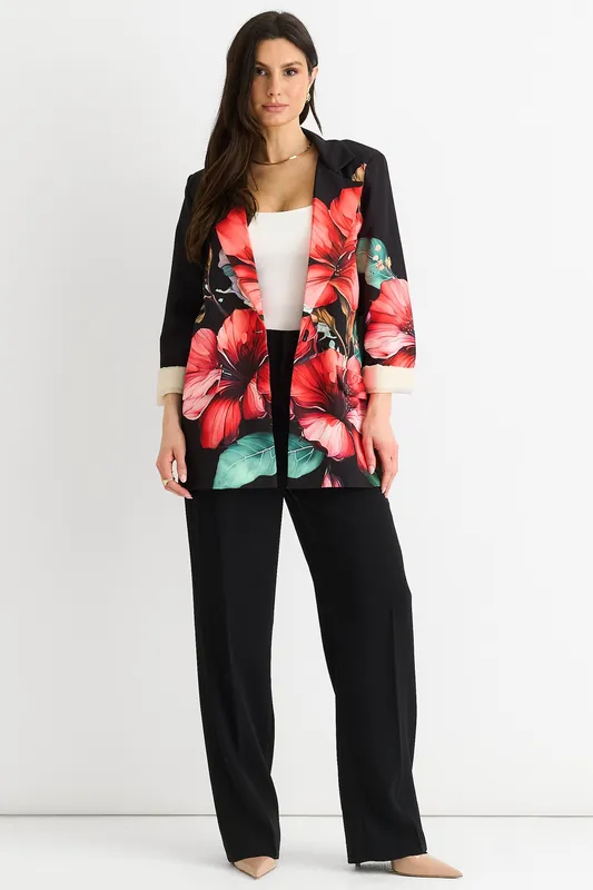 Black Floral Contrast lined Oversized Blazer - Gini London