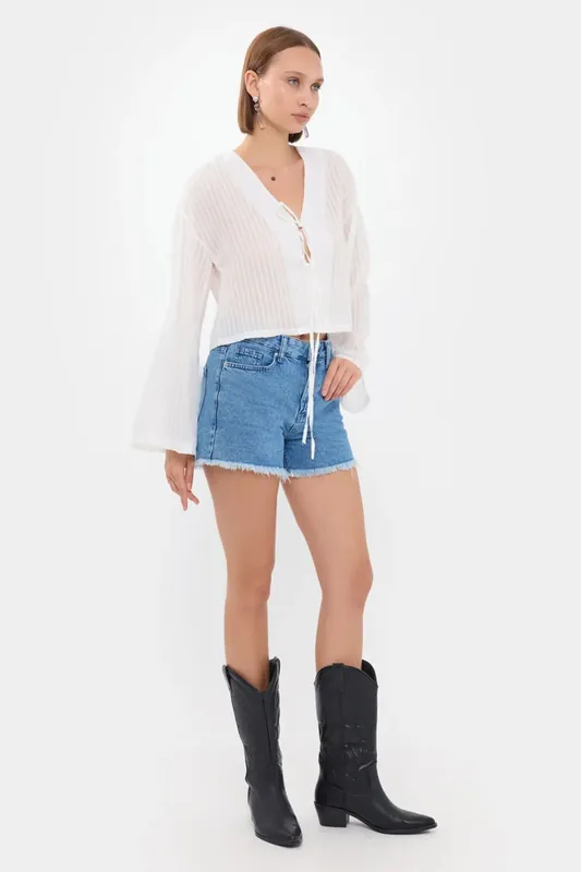 Striped Mesh V-Neck Blouse with Tie-Front