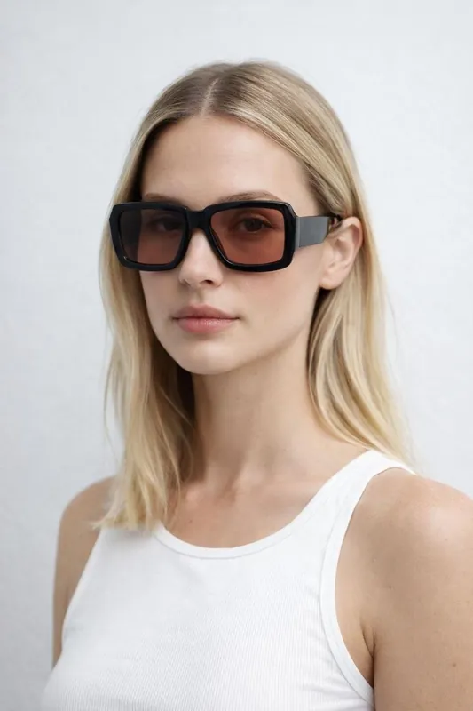 Oversized Square Frame Sunglasses In Black with Orange Lenses - SVNX