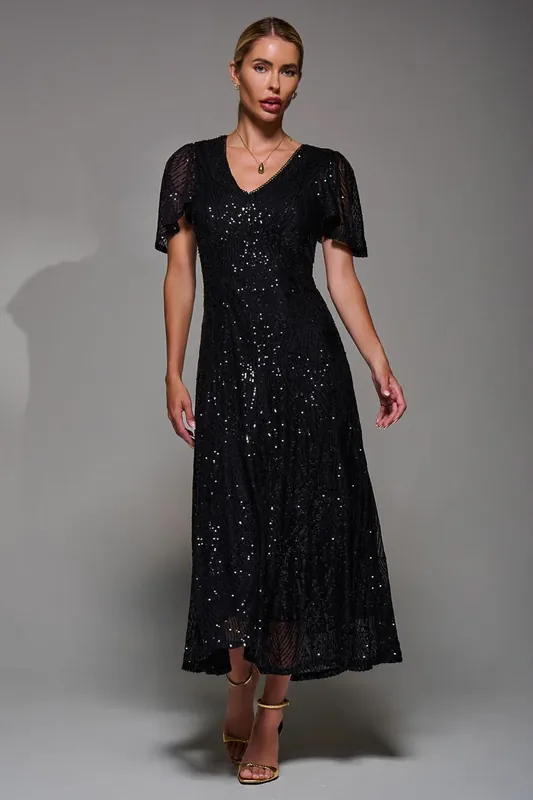 Sequin Angel Sleeve Fit & Flare Midaxi Dress - Jolie Moi